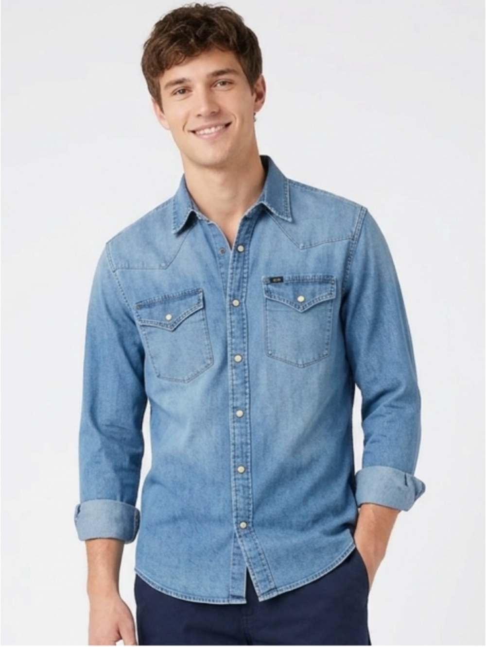 Lee Denim Western Snap Shirt M Blue Cotton Blend Workwear Cowboy Grunge Retro989